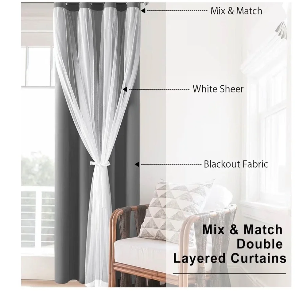 Grey Blackout Curtains with White Sheer Overlay 52x84 4 Panels Grommet Top